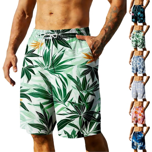 Mens Swim Trunks Men's Summer Hawaiian Swim Shorts Resort Print Casual Crop Pants with Drawstring Elastic Waist Beach Bathing Suit for Vacation Luau Tropical Travel Hot Pink L