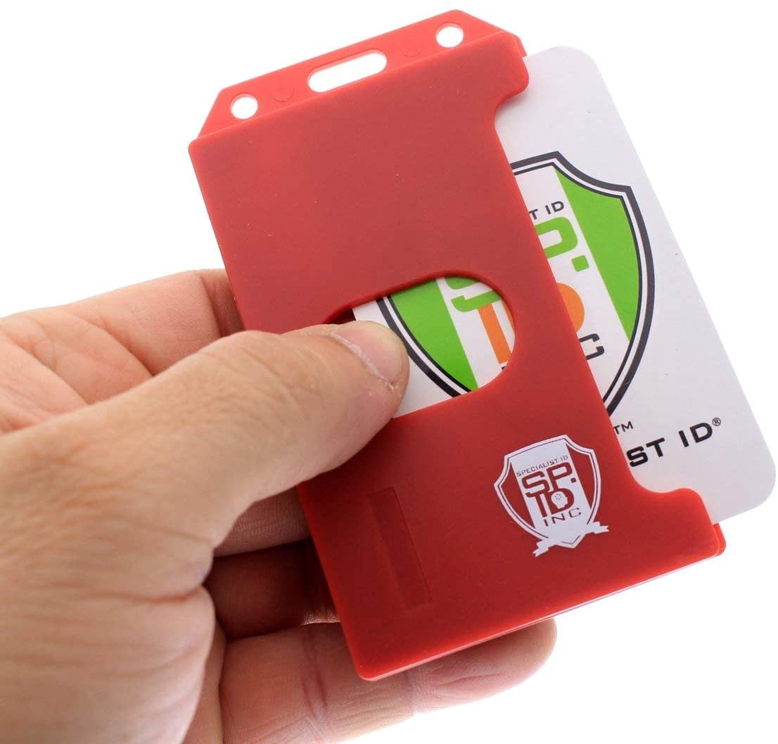 Bulk 50 Pack - Red Hard Plastic Badge Holder Vertical - Side Load 2 Card Protector - Multiple Card ID Badge Holders - Heavy Duty Rigid/Hard Plastic by Specialist ID (Red)
