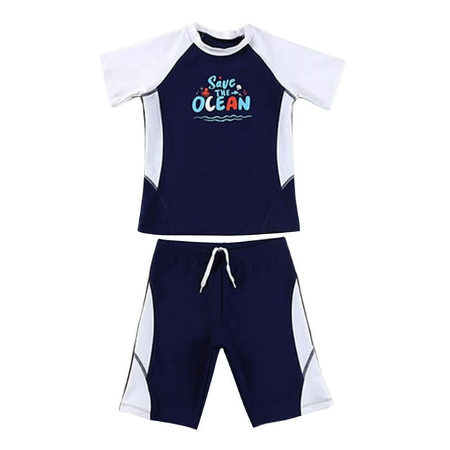 TIEVOSA Swimsuit Boy 2 Piece Boys Swim Set Short Sleeve Boys Swim Shirt Tee Boy Swim Trunks Rash Guard Bathing Suits for 5-6 Years(Dark Blue)