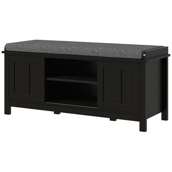 Demi Bonn 44" Modern Storage Ottoman Bench, Entryway Bench with Pillow, 2-Sided Doors, 10 Pairs Capacity for Home Organization, Black
