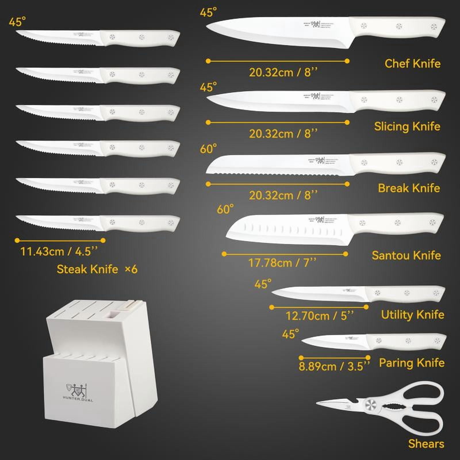 Knife Set, 15 Piece Kitchen Knife Set with Block Self Sharpening, Stainless Steel Dishwasher Safe, Anti-slip Handle, White