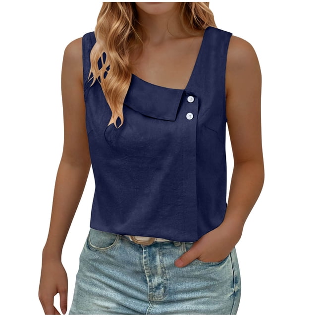 Timegard Tank Tops for Women V-Neck Button Sleeveless Lightweight Solid Color Tops Casual Loose Blouse
