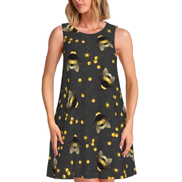 Vsdgher Robe d'Été à Imprimé d'Abeille pour Femmes, Décontractée, Col en U, Robe de Plage Sans Manches, Débardeur Ample, Robe Soleil avec Poche