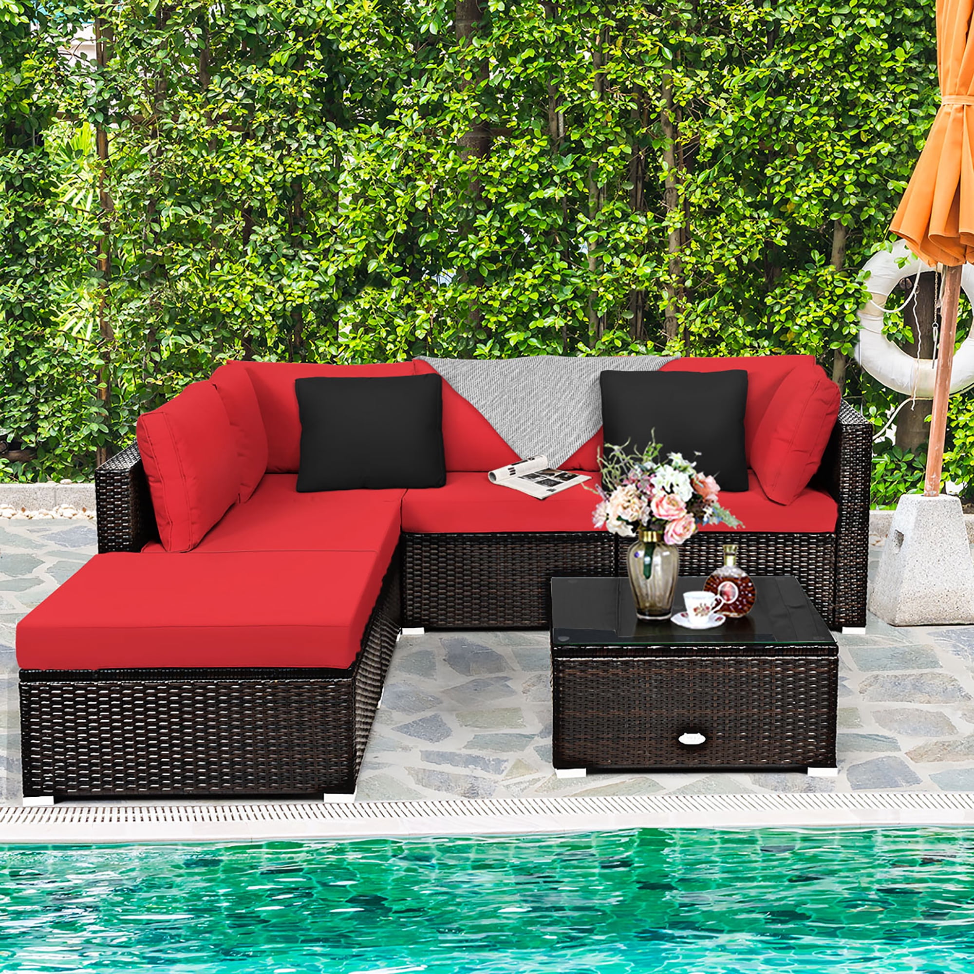 6PCS Outdoor Patio Rattan Furniture Set Cushioned Sectional Sofa Red