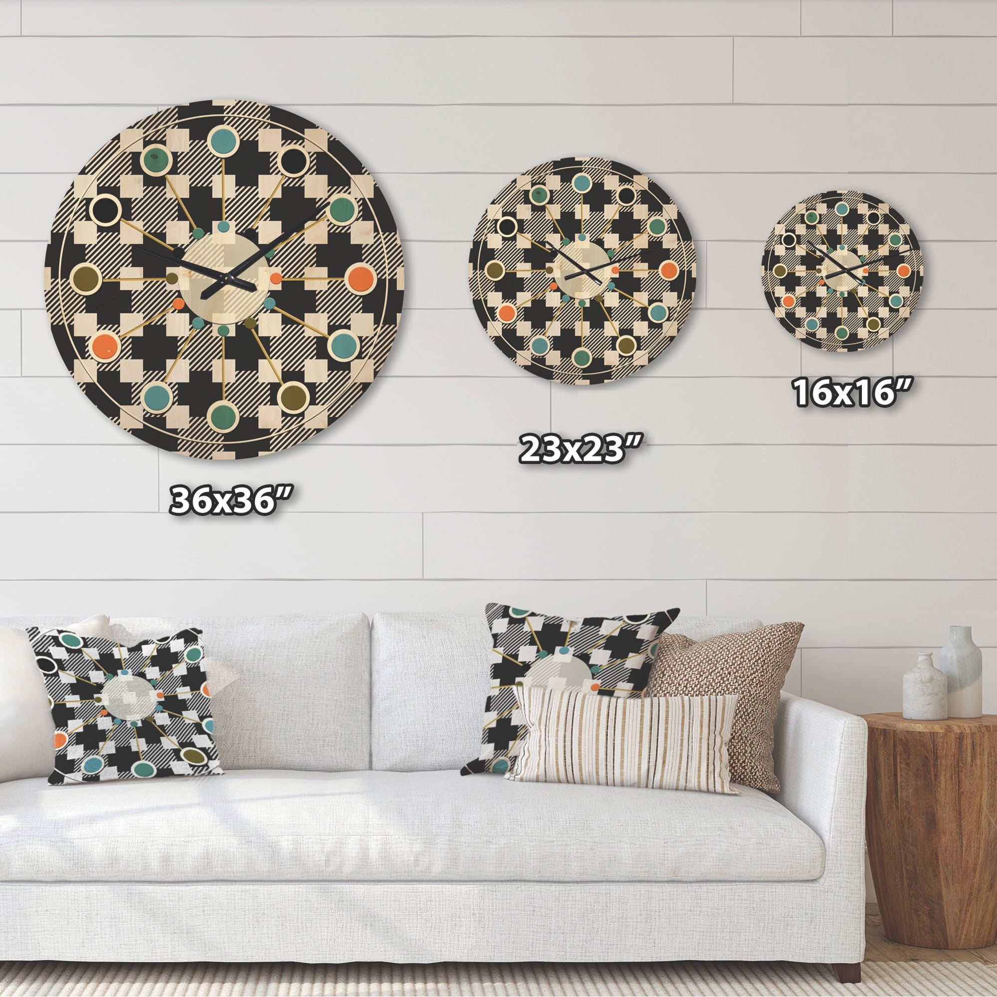 Designart 'Geometric Black and White Pattern II' Mid-Century Modern Wood Wall Clock