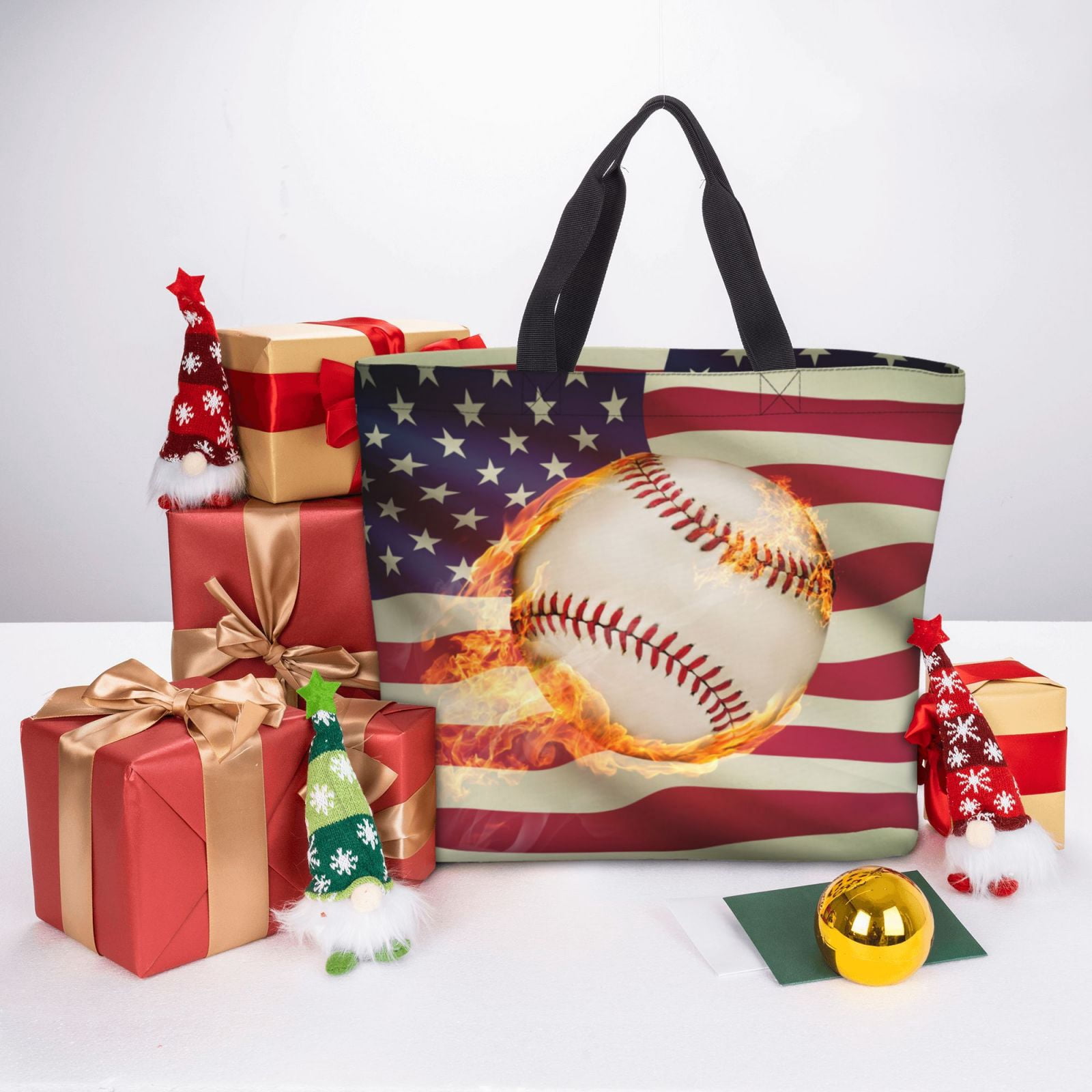 Picia Baseball Ball With Flag for Tote Bag for Women with Zipper, Gym Tote with Compartments, Laptop Work Tote Nurse Dance Yoga Bag for Sport, Travel