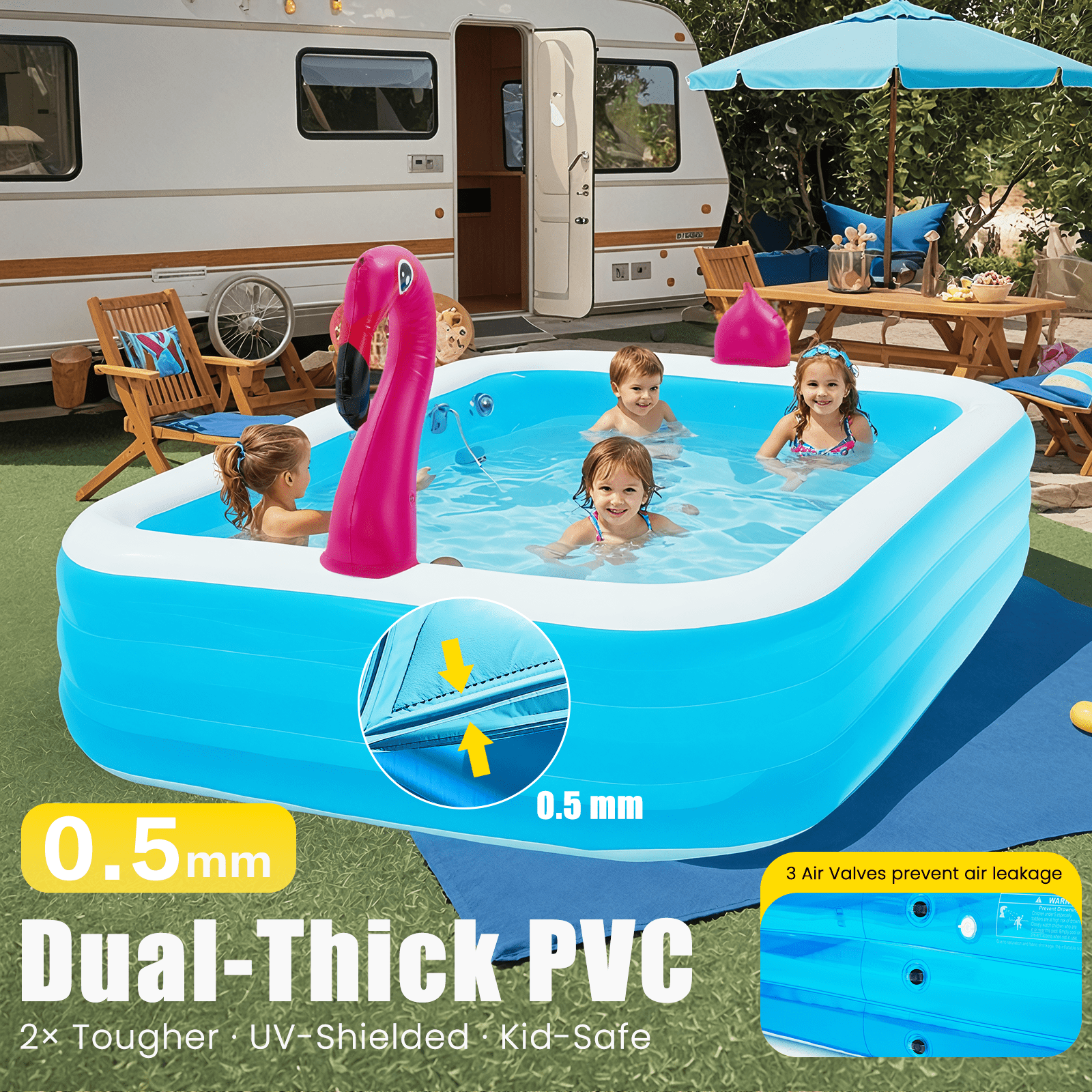 Danrelax 119" x 86" x 21" Inflatable LED Pool with 3 Modes, Electric Pump, Family Blow-Up Swimming Pool for Backyard, Adults and Kids