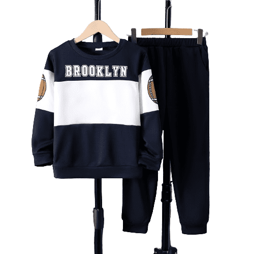 Mikrdoo Kid Boys Spring Autumn Outfits Pants Suit BROOKLYN Letter Pattern Colorblock Long Sleeve Sweatshirt & Joggers Set 2Pcs Casual Clothing From 7-15Y Navy Blue