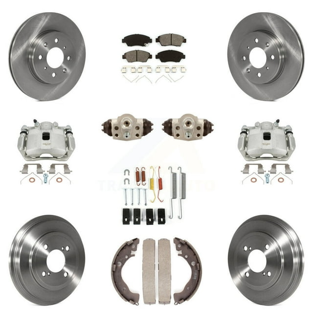 Transit Auto Front Rear Disc Brake Caliper Rotors Drums Semi-Metallic Pads Shoes Wheel Cylinders and Hardware Kit (11Pc) for Car 2015-2019 Honda Fit KC8-100904S