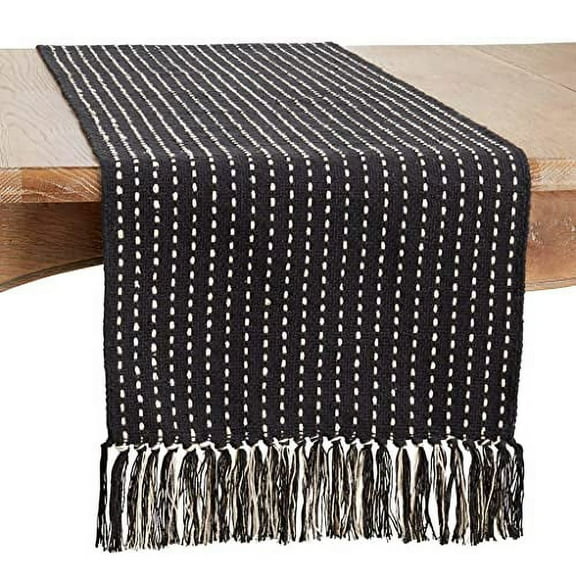Fennco Styles Stitched Design Tassel Cotton Table Runner 16" W X 72" L - Black Woven Table Cover for Home, Dining Table, Banquets, Thanksgiving, Christmas, Holidays and Special Occasion
