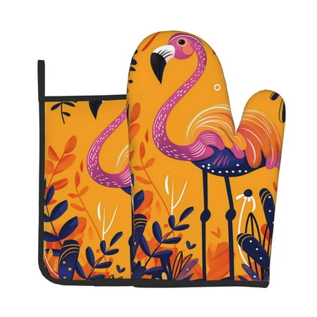 

KLL Vibrant Flamingo Illustration Pattern Oven Mitts and Pot Holders 2pcs Sets for Kitchen Oven Mitt Heat Resistant 536°F Oven Gloves for Kitchen Cooking and Baking