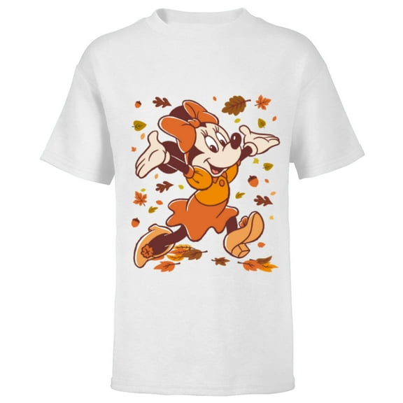 Disney Minnie Mouse Strolling Through Autumn Leaves Fall - Short Sleeve T-Shirt for Kids - Customized-White