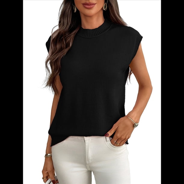 Suéter Sin Mangas con Cuello Redondo para Mujer, Color Negro, Talla L