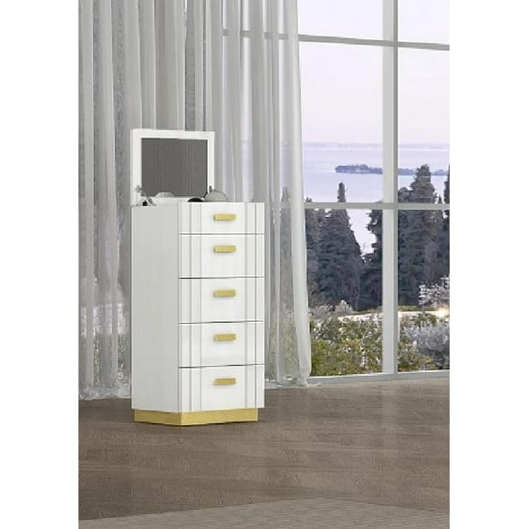 TANNER CHEST IN WHITE AND GOLD METAL ACCENT WITH MIRROR & JEWELLERY STORAGE
