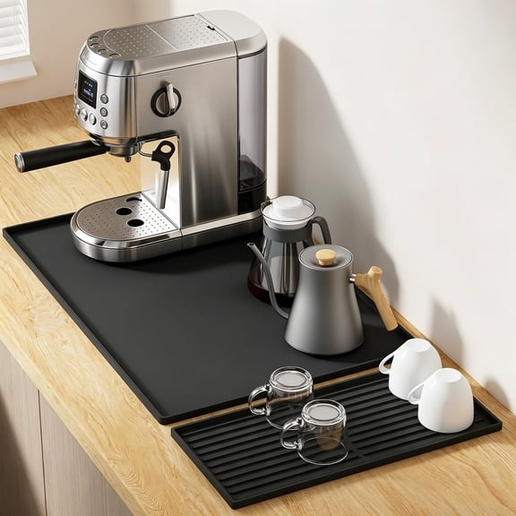 FORICOM Silicone Coffee Mat, 24''x15'' Bar Mat with Detachable Dish Drying Mat - Fits Under Coffee Maker & Dish Rack（Black）