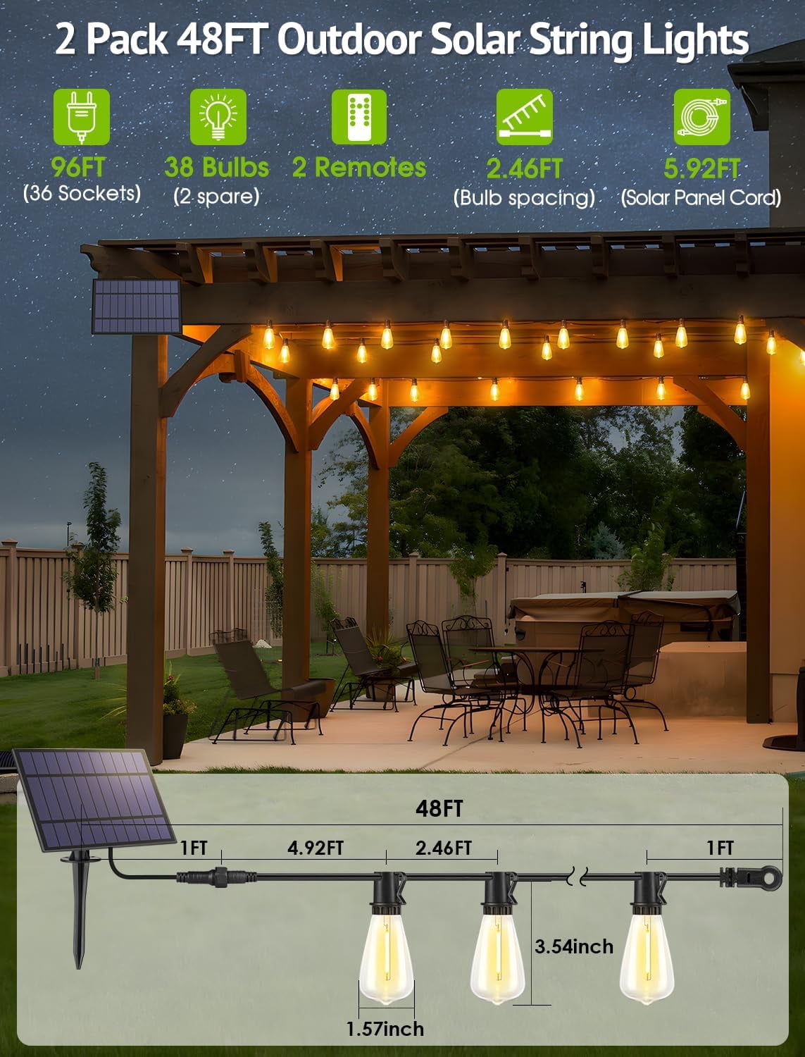 96FT(2x48FT) Solar Outdoor String Lights with Remote & Timer, Dimmable Patio Lights with 36+2 Shatterproof ST38 LED Bulbs for Outside-Black