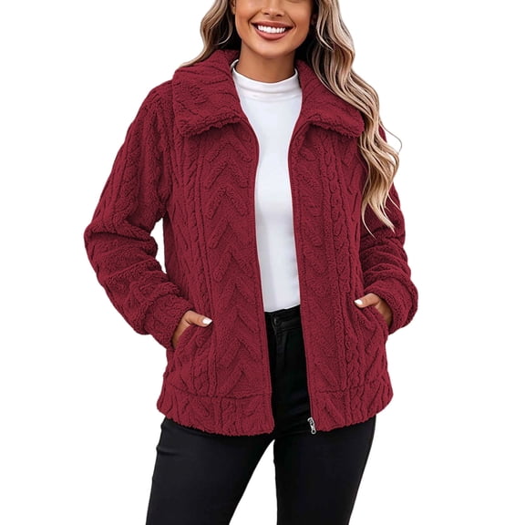 Edvintorg Outerwear for Women Plus Size Fleece Long Sleeve Zip up Jacket Fall Winter Loose Collared Coat with Pocket Women Clothing S-3XL Red