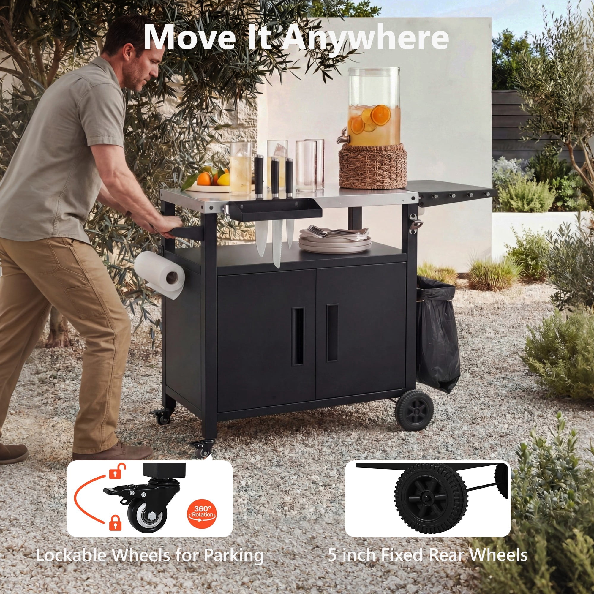 Aukfa 45" Outdoor Grill Cart with Weatherproof Cover, Stainless Steel BBQ Table with Foldable Side Shelf & Storage Cabinet, Black