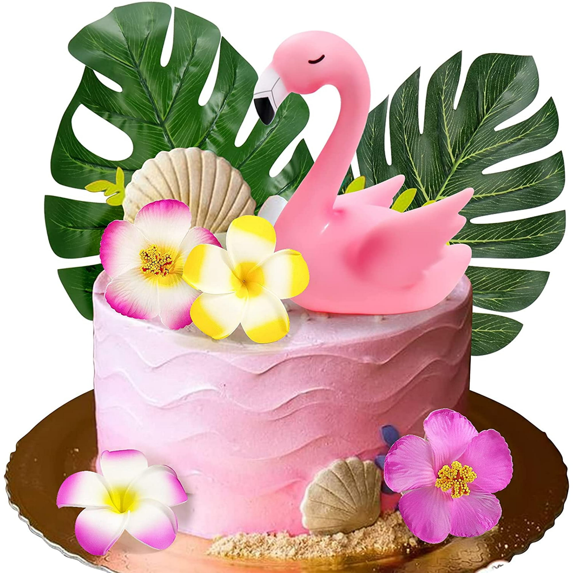 7pcs Flamingo Cake Toppers Flamingo Palm Leaves Hibiscus Flowers Hawaiian Luau Cake rations for Tropical Theme Birthday Party Supplies