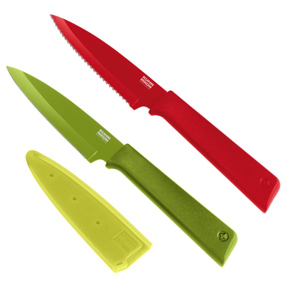 Kuhn Rikon COLORI  Non-Stick Straight and Serrated Paring Knives with Safety Sheaths, Set of 2, Red and Green