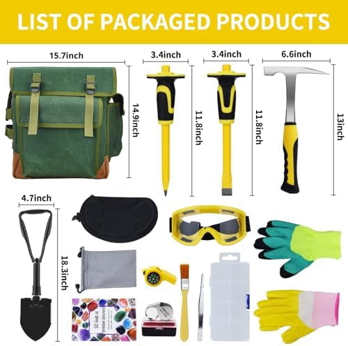 16-Piece Geological Rock Hammer Kit, Portable 32-ounce Hammer and Chisel Backpack Set, Suitable for Rock Hunting, Gold Mining, Ideal for Beginners and Enthusiasts.(yellow)