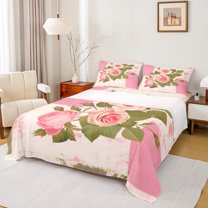 Homewish Spring Garden Rose Bed Sheets, Romantic Pink Flower Floral King Sheets, Oil Printing Artwork Sheet Set, Luxury Bedroom Decor, 4 Pieces