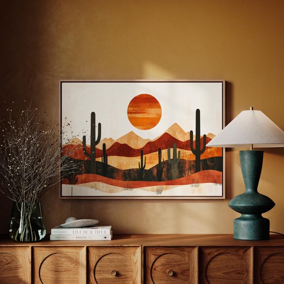 YaHaku Desert Sunset Cactus Poster Wall Art | Minimalist Southwestern Landscape Painting with Mountains, Sun, and Rustic Boho Western Decor