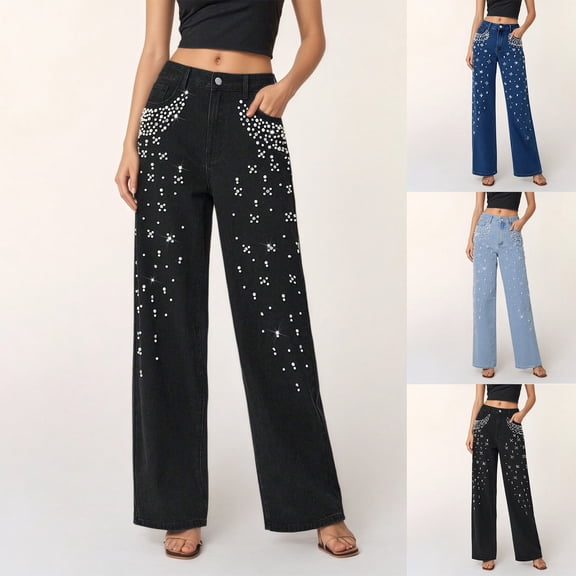 CAIXIA Womens Rhinestone Jeans Baggy Y2K High Waisted Straight Wide Leg Sparkly Bling Glitter Denim Pants
