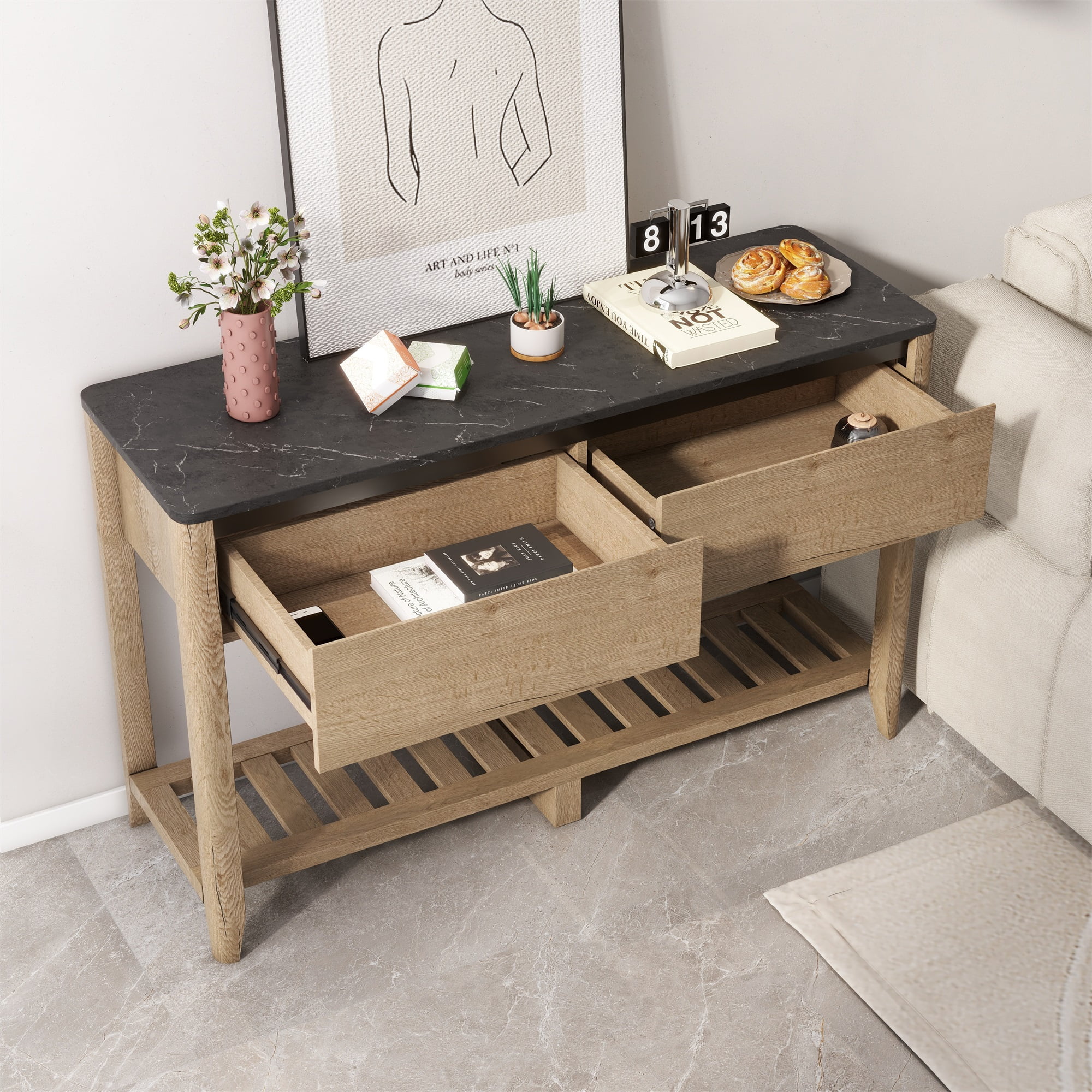 Kepooman Farmhouse Double Drawers Console Table for Living Room or Entryway, Tobacco Wood and Black Marble Texture Kepooman Farmhouse Double Drawers Console Table for Living Room or Entryway, Tobacco Wood and Black Marble Texture