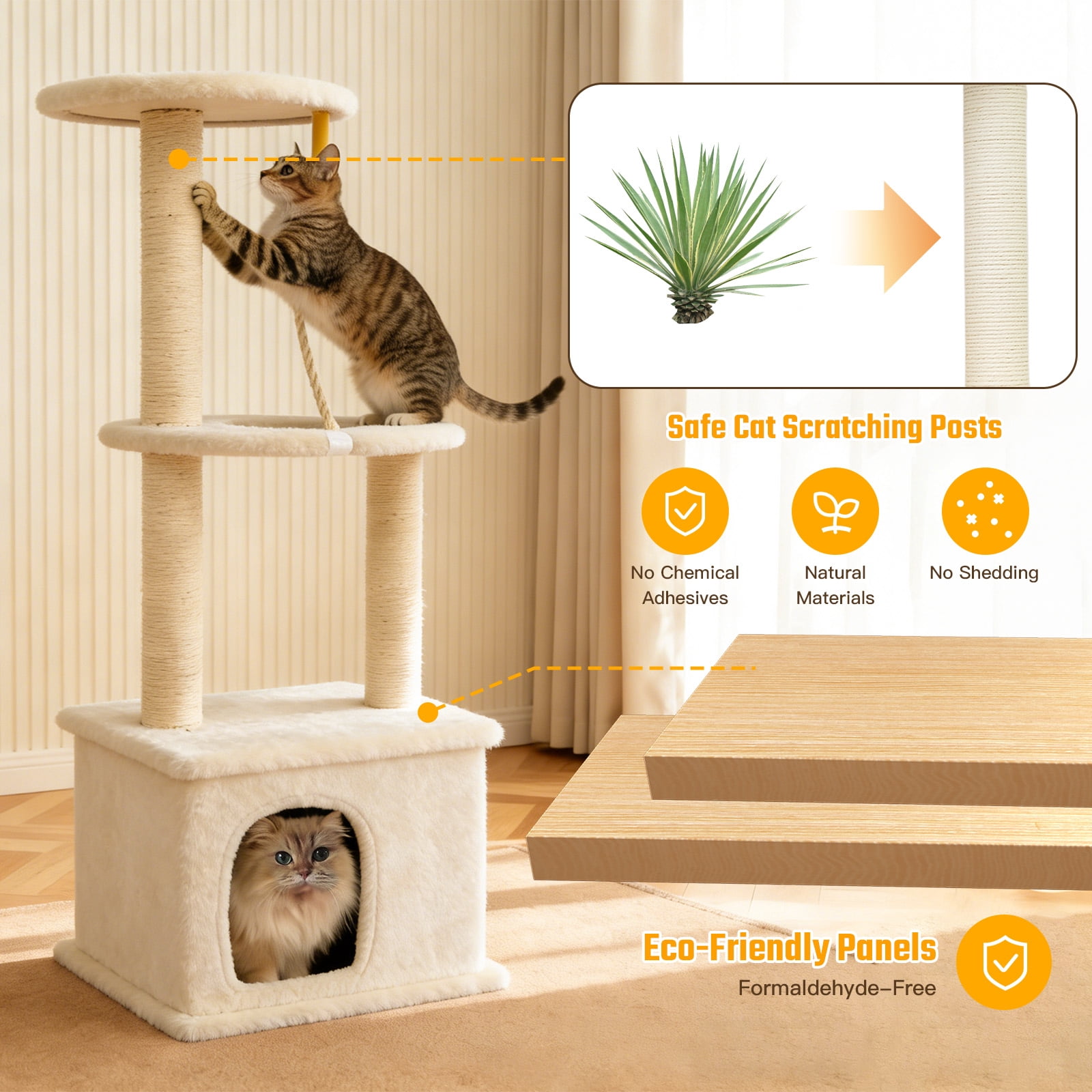 Cat Tree with Condo and Sisal Post, Multi-Level Cat Tower with Top Perchs, Cratching Post for Indoor Cats, Beige