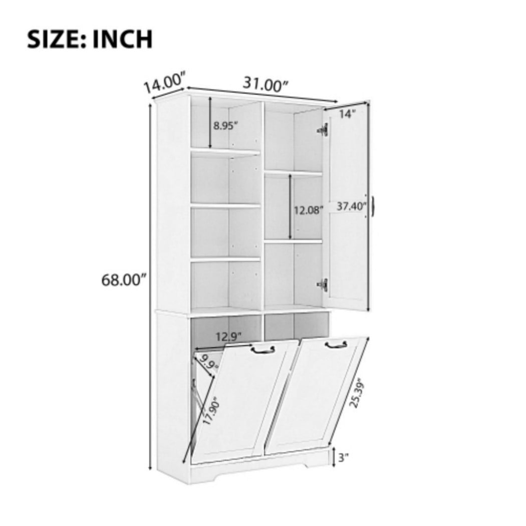 Bathroom Storage Cabinet with Doors and Drawers, Tall Laundry Hamper Cabinet with 2 Tilt-Out Baskets, Adjustable Shelves, Open Storage, Light Oak