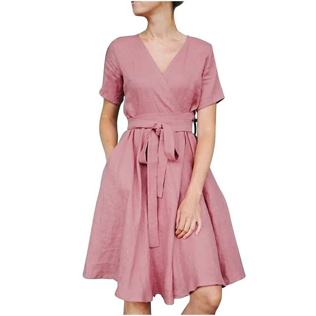 QIPOPIQ Robes pour Femmes avec Poches Manches Courtes Robes Décontractées Col en V Robe d'Été Unie Ceinture Taille Robes Offres 2023