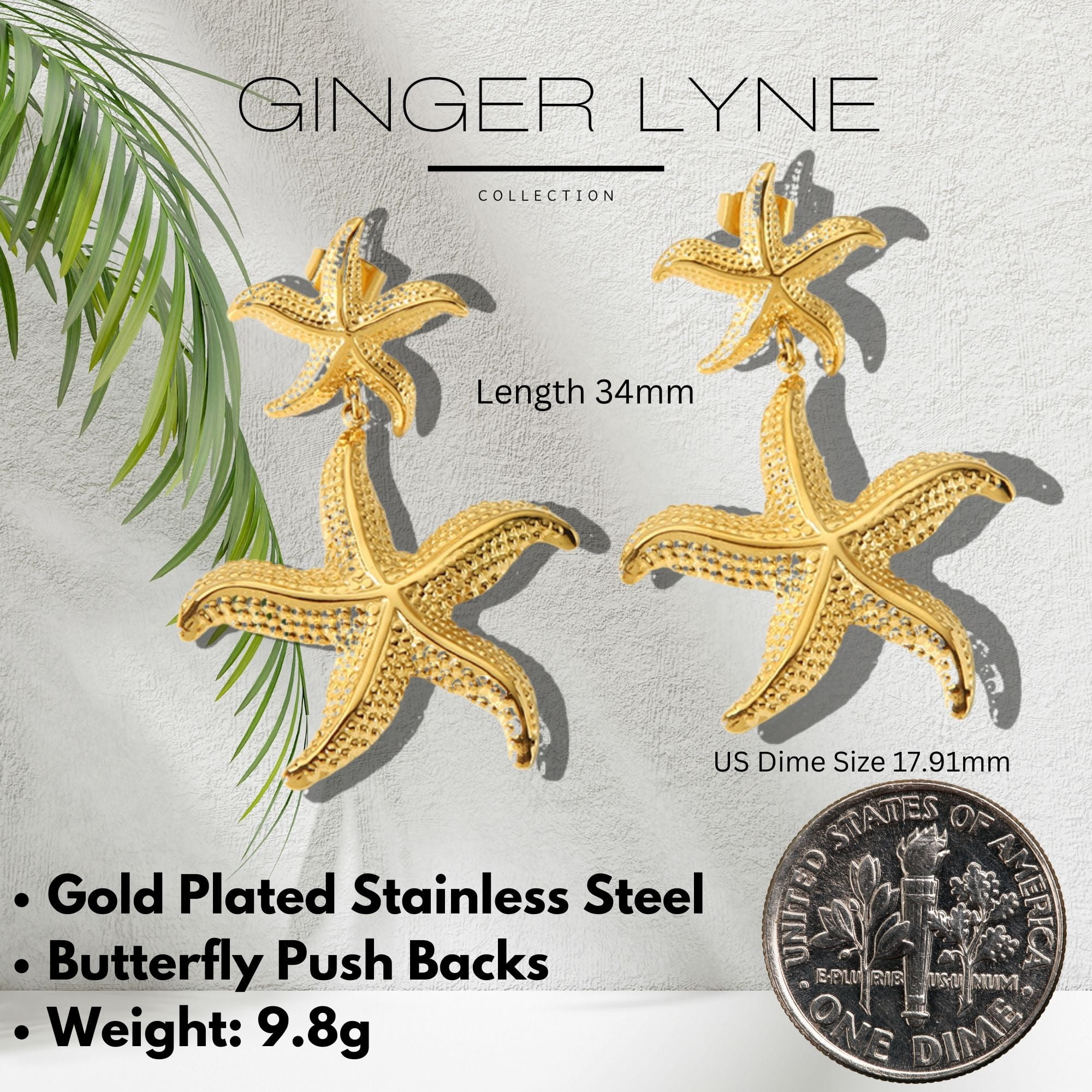 Starfish Earrings for Women Gold Plated Stainless Steel Dangle Jewelry Butterfly Backs Ginger Lyne Collection