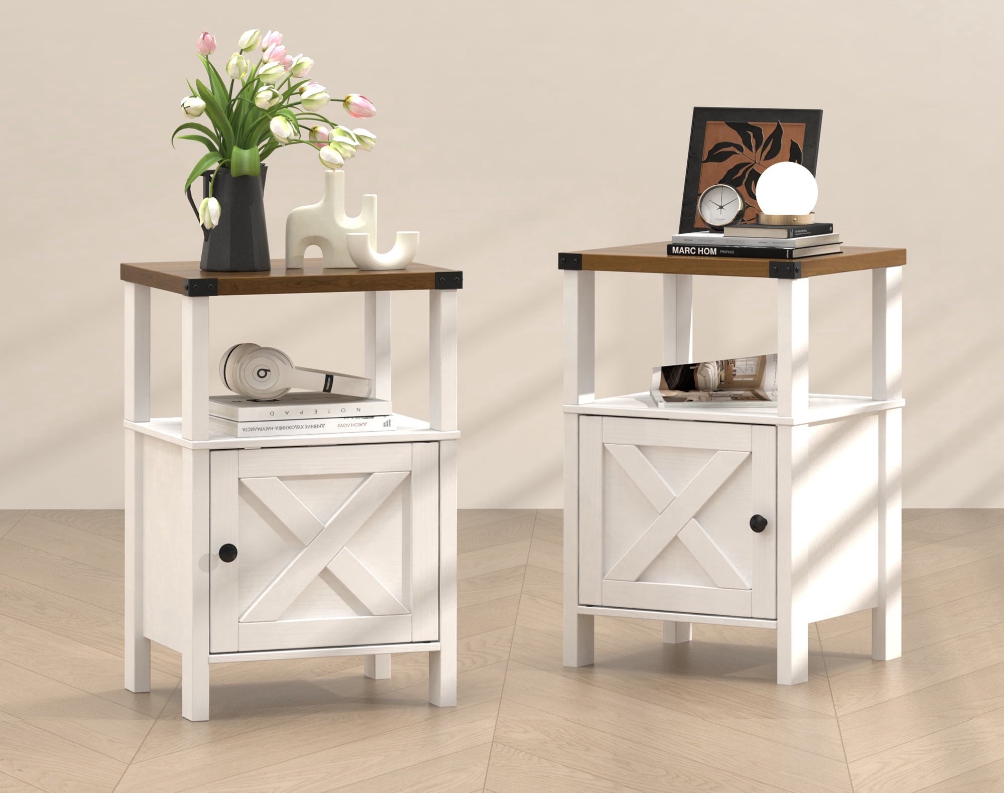 EVOKEDEN 2PCS Farmhouse Nightstands, Sofa Side End Table w/ Storage & Barn Door for Bedroom Living Room White