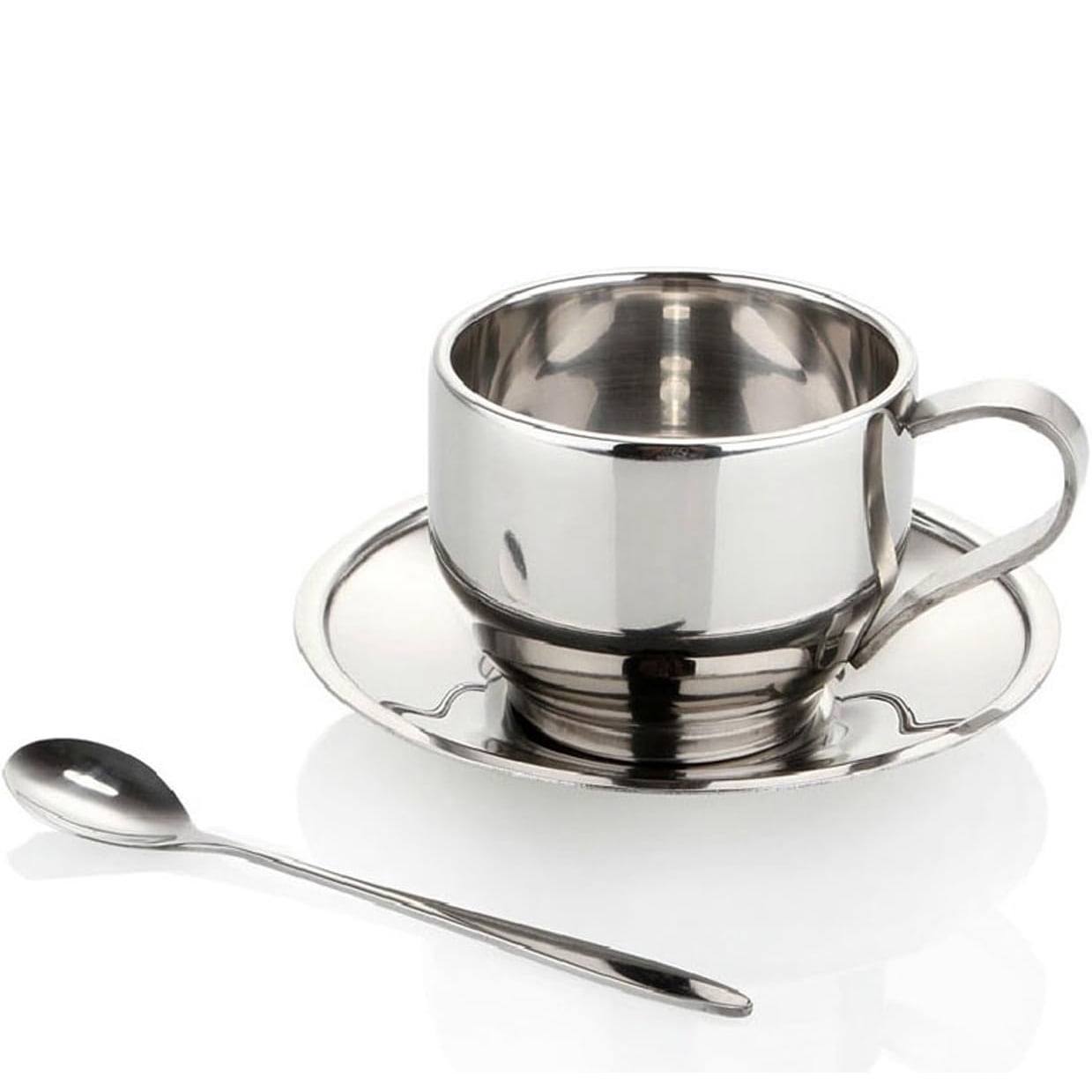 Jorunhe 125 mL/4.2 oz Silver Stainless Steel Double Walled Espresso Cup & Saucer Sets Set of 4