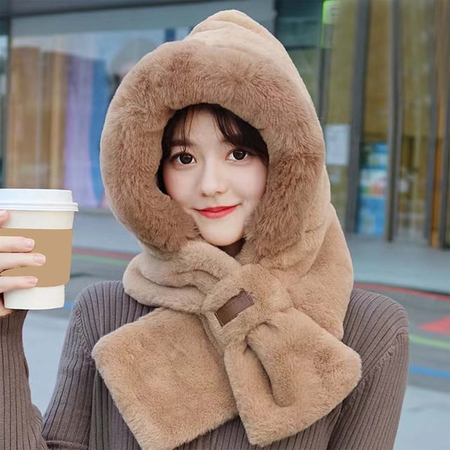 Women's Winter Solid Color Plus Velvet Hat Scarf Integrated Warm Cold Proof Neck Scarf Earmuffs