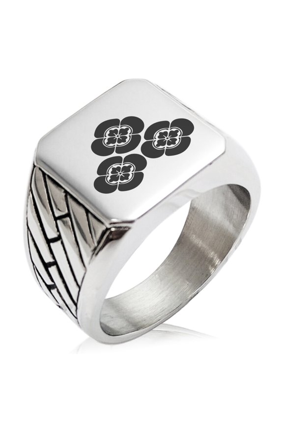 Stainless Steel Asakura Samurai Crest Geometric Pattern Biker Style Polished Ring