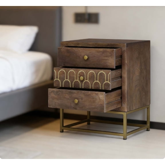 Vintage Farmhouse Nightstand with 3 Drawers - Antique Style Bedside Table in Solid Mango Wood & Gold Metal Finish