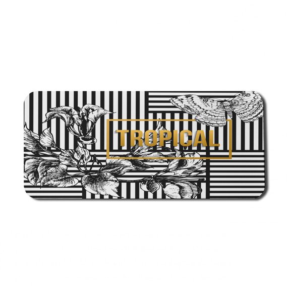 Flower Computer Mouse Pad, Exotic Petals with Tropic Butterfly over Minimalist Striped Background, Rectangle Non-Slip Rubber Mousepad X-Large, 35" x 15", Black White Pale Coffee, by Ambesonne