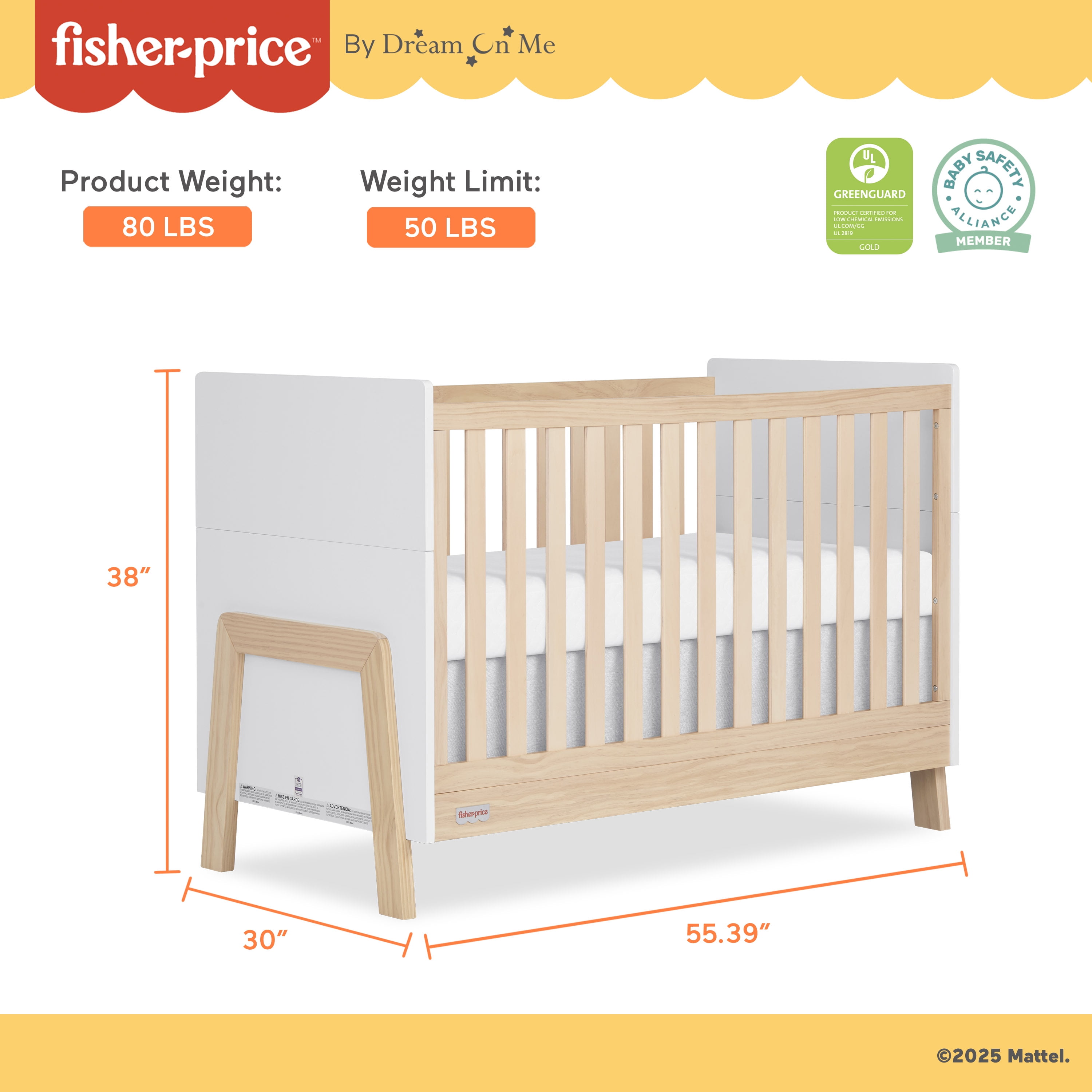 Fisher Price Iris 5-in-1 Convertible Crib by Dream On Me in White + Natural