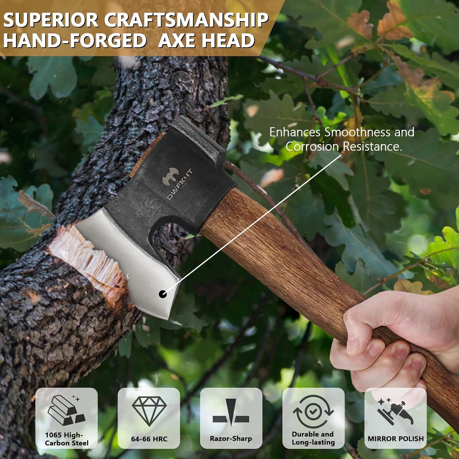 DWFKHT 14.4" Camping Hatchet with Sheath, Hand Forged 1065 Steel Axe for Wood Chopping & Bushcraft