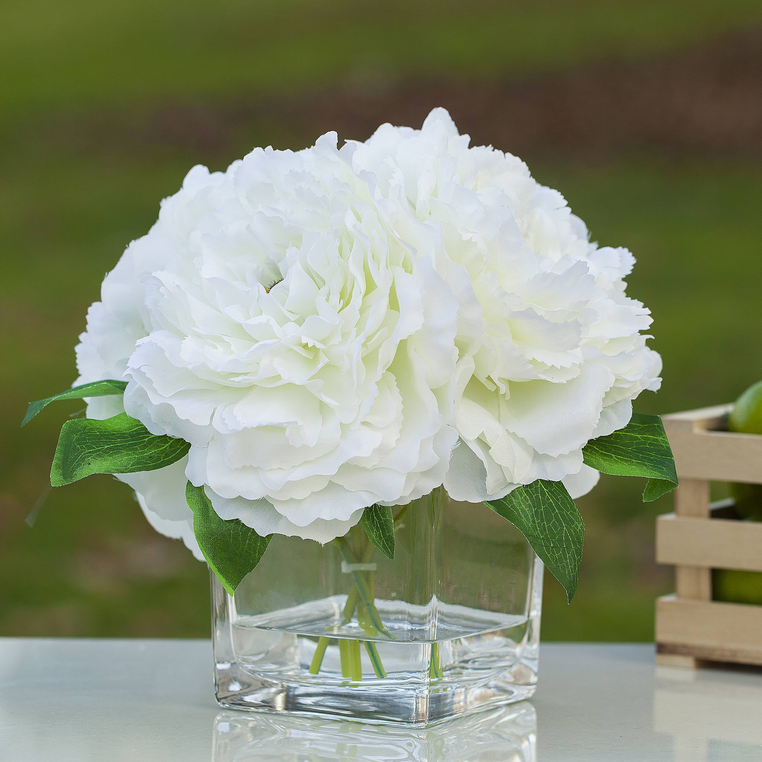Enova Home Artificial Silk 4 Large Peony in Cube Glass Vase, Artificial Fake Flower Arrangement  with Faux Water for Home Office Wedding Party Decoration (Cream)