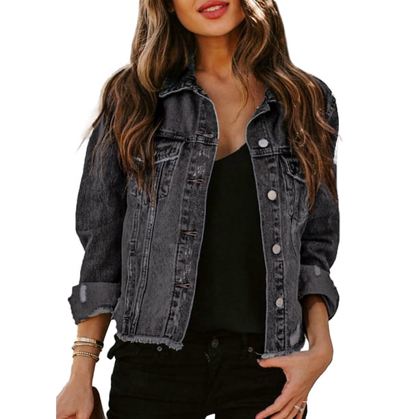 HOTAPEI Ripped Jean Jacket for Women Fashion Cropped Jacket Button ...