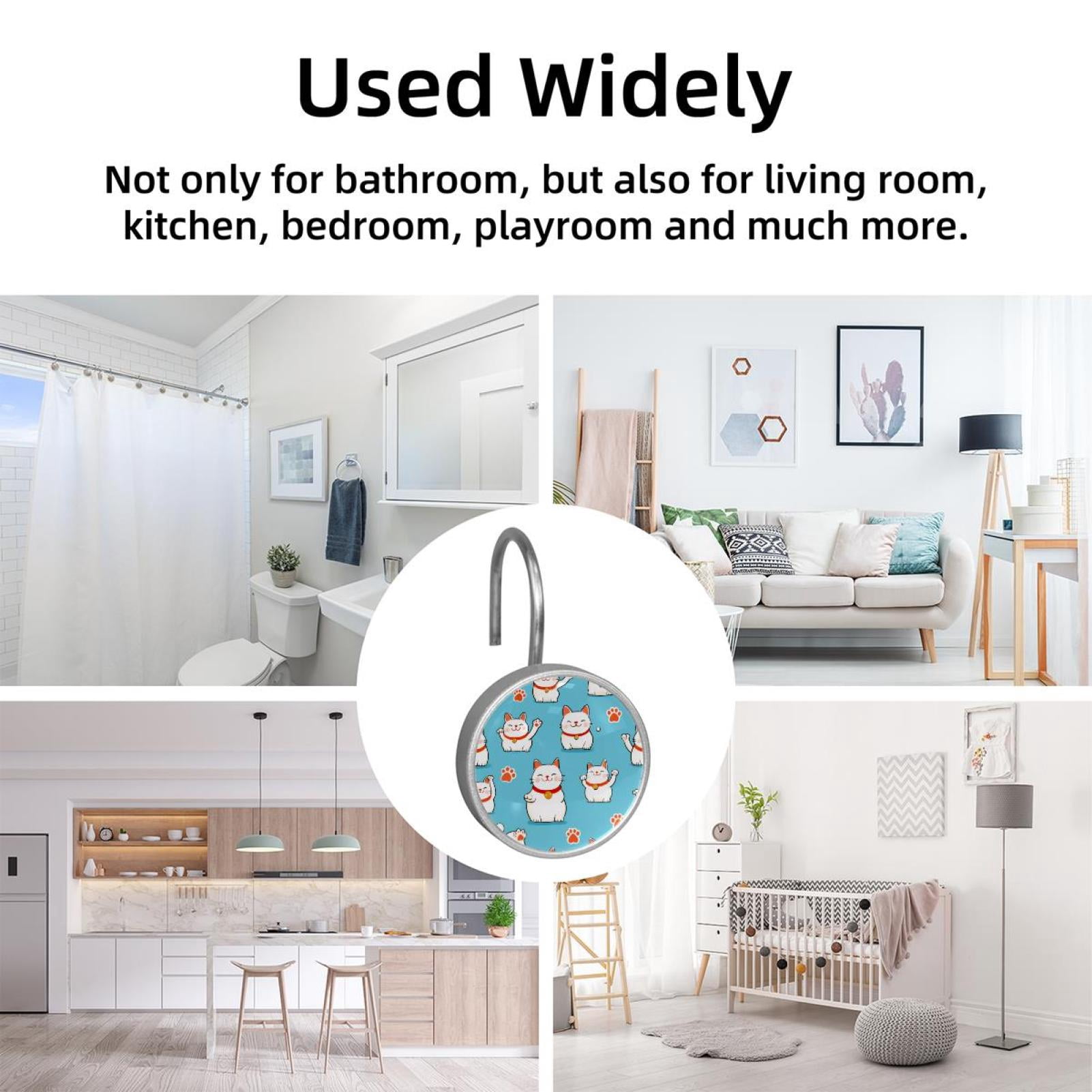 12pcs Decorative Shower Curtain Hooks, Rust Resistant Shower Rings for Bathroom Living Room,Rustproof Stainless Steel Rings for Shower Curtain and Liner Rods,Cartoon Lucky Cat Pattern