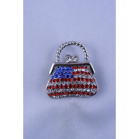 Rhinestone Fashion 4th July USA Flag Purse Handbag Pin Brooch, Patriotic Red White Blue Jewelry Gift