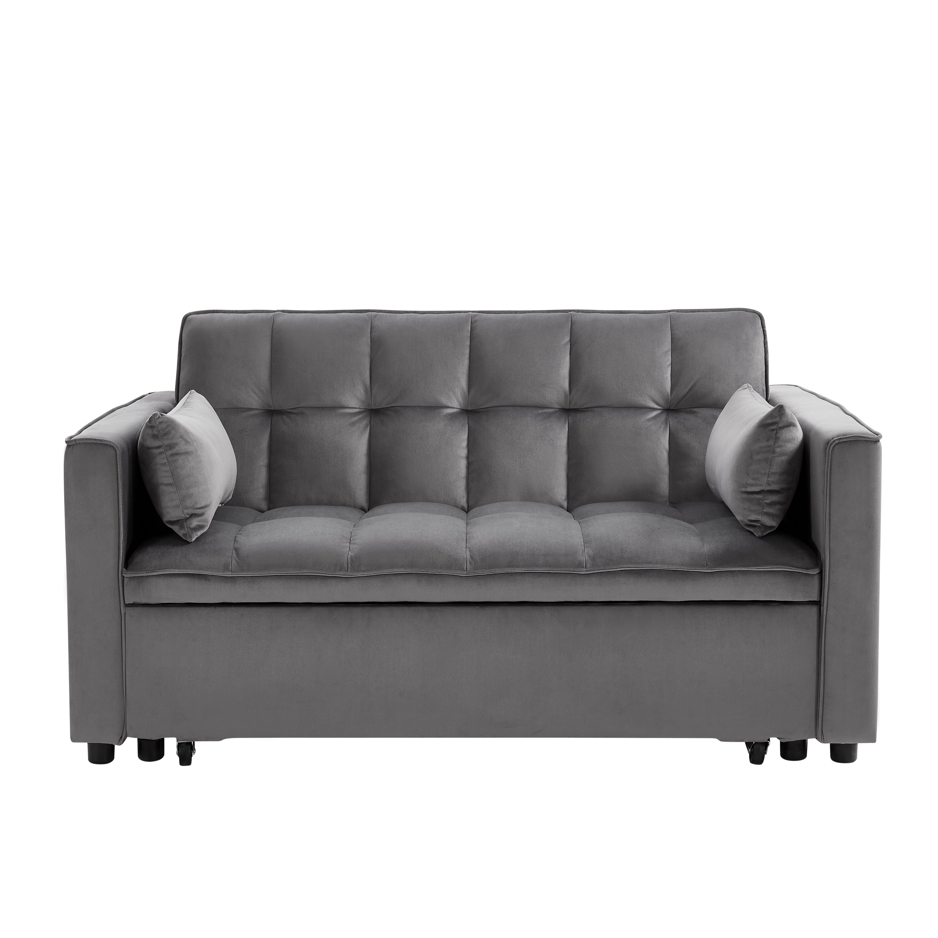 Pull Out Sofa Bed,Full-Size Sleeper Sofa,Velvet Convertible Loveseat Counch with Side Strong Pocket,Multi-Function 2-Seater Sofa Bed with Wheels for Living Room Apartment Guest Room,Gray
