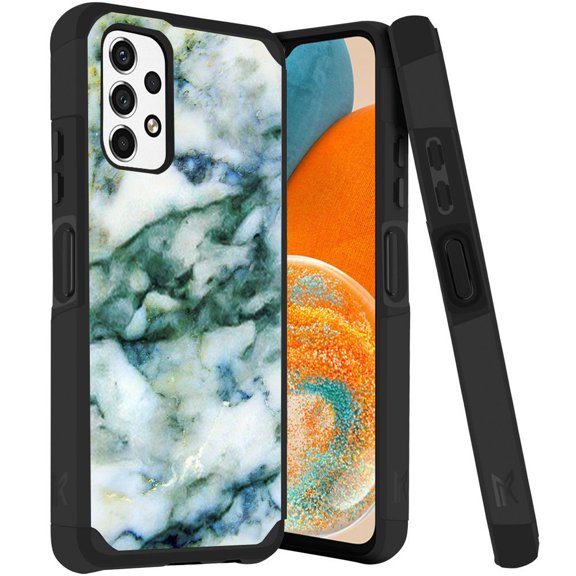 ANJ  Rugged Dual Layered Shockproof Slim Hybrid Case   Tempered Glass Cover Compatible with Samsung Galaxy A23 5G - Green Marbling 2