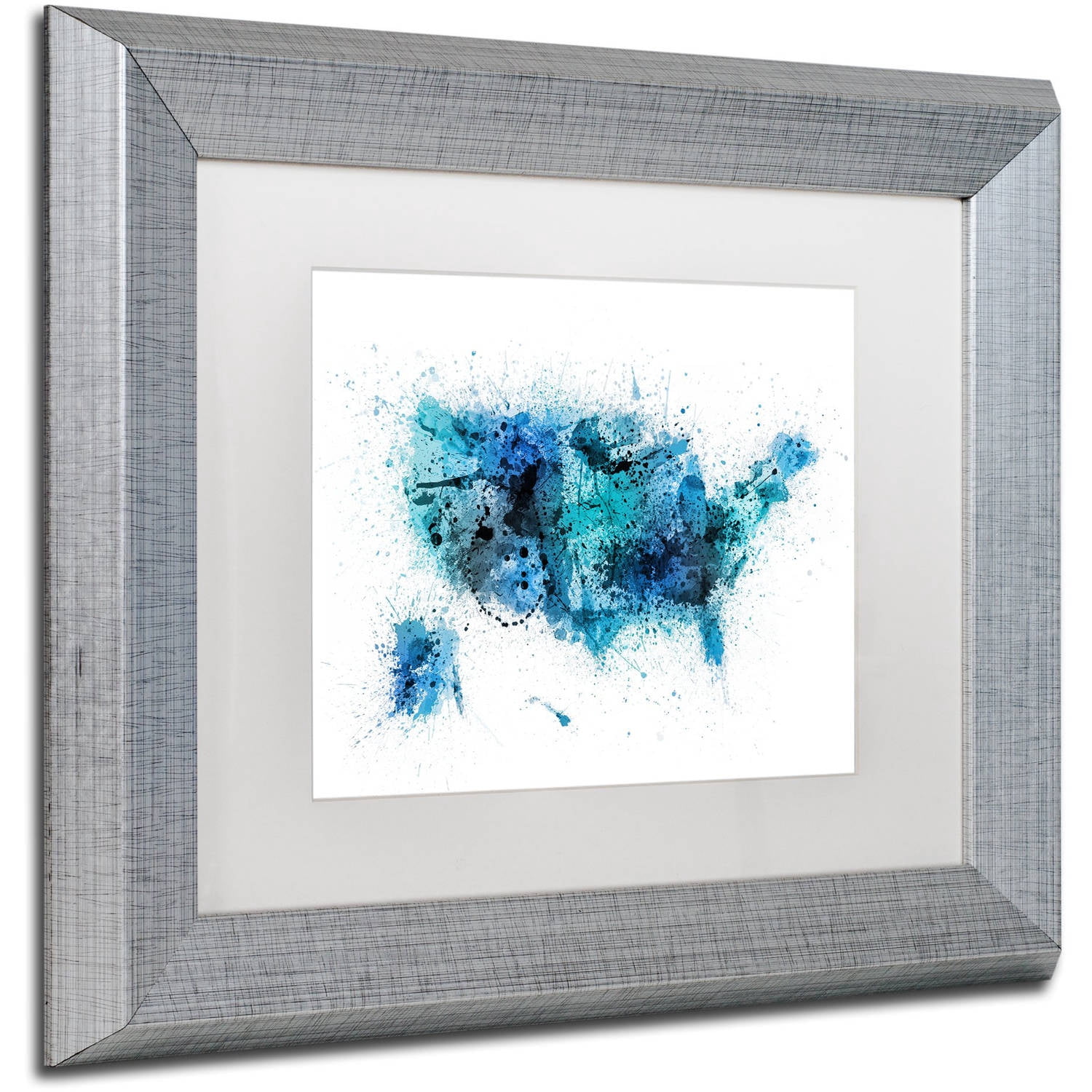 Trademark Fine Art "US Paint Splashes Map" Canvas Art by Michael Tompsett, White Matte, Silver Frame