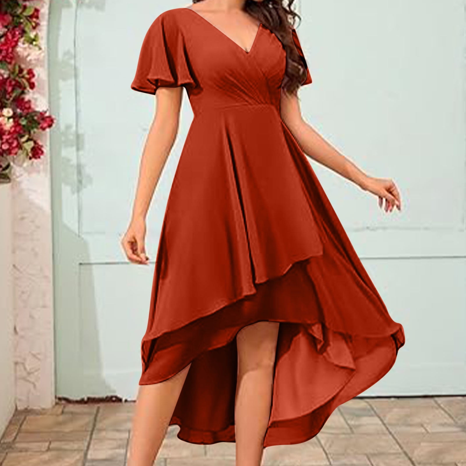 gljltg Women's Solid Color Ruffle Sleeves Pleated V-neck A-line Mid Length Short Sleeve Dress for Women, Girl, Spring, Summer, Suitable for Casual, Daily, Birthday, Dating, Dance