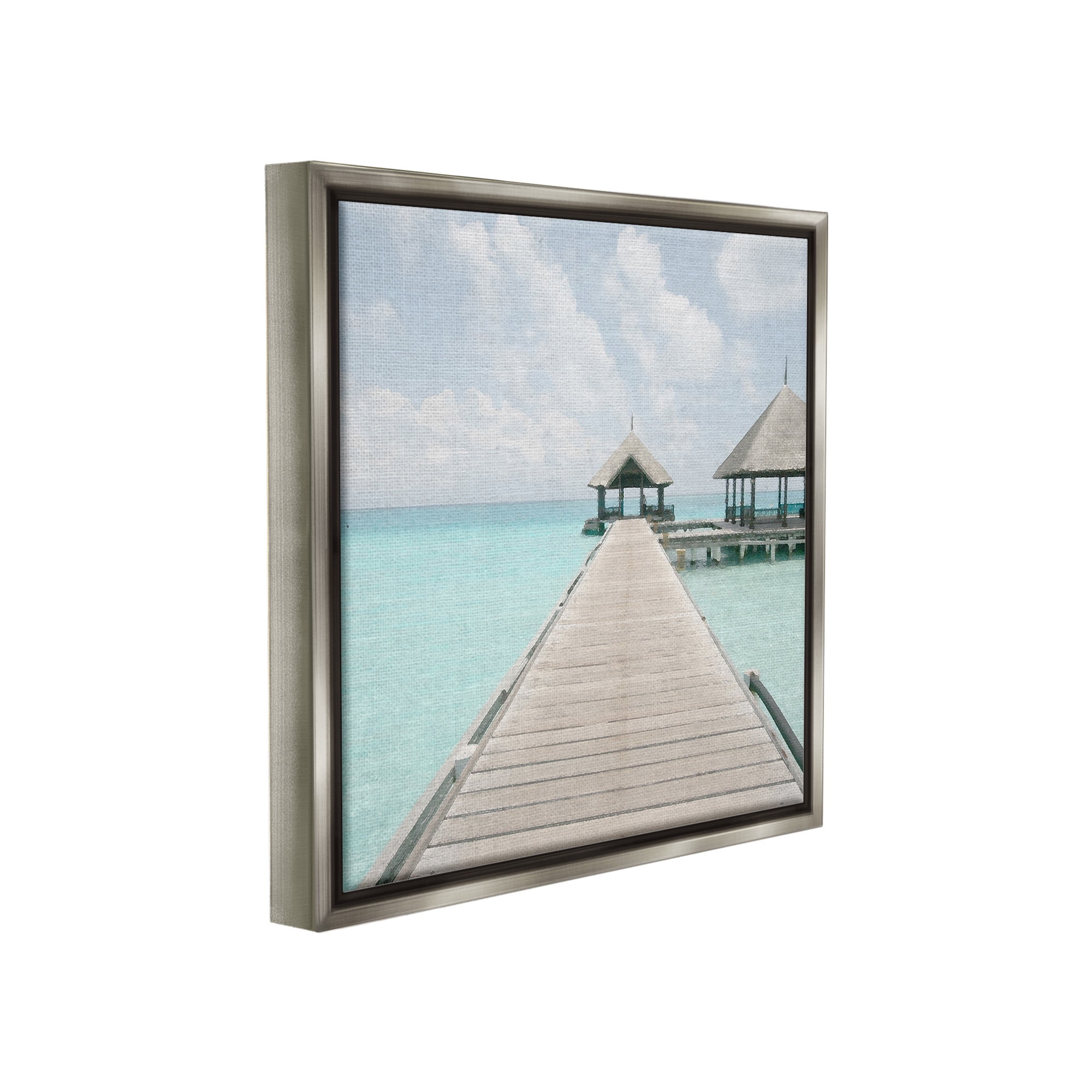 Stupell Industries Tropical Beach Pier Landscape Painting Gray Floater Framed Canvas Art Print Wall Art, 18 x 18